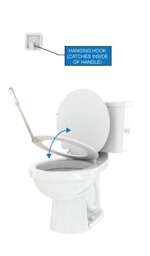 Hanging hook for the Toilet Stick, a hands-free way to position the seat.
